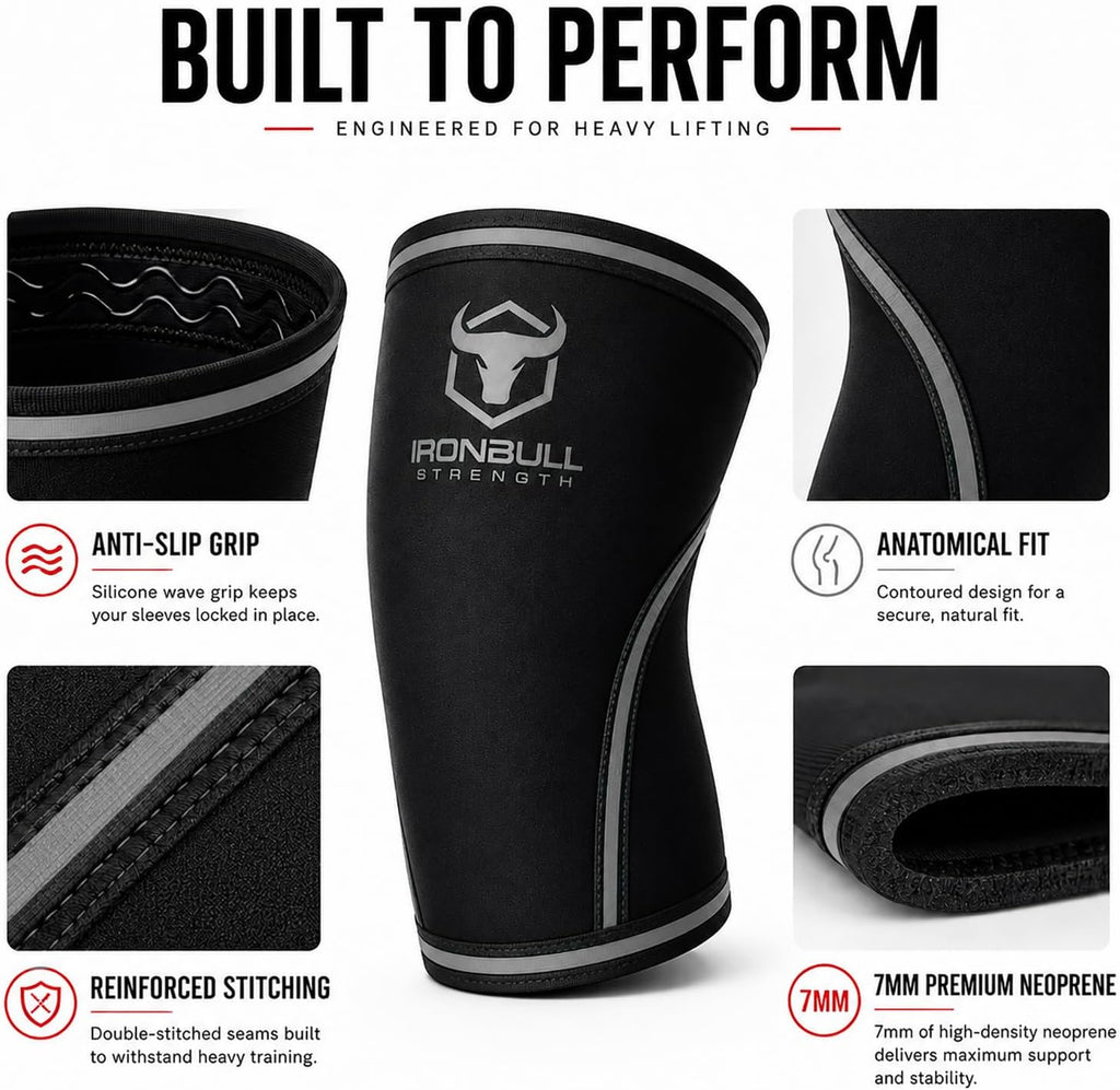 Iron Bull Strength Knee Sleeves 7Mm (1 Pair) - Compression Brace & Knee Sleeve for Weightlifting, Powerlifting & Cross Training - Knee Support for Squats - Men & Women
